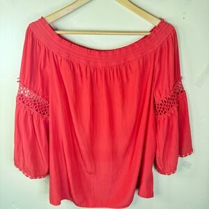 Chico's‎ Off Shoulder Crochet Detail 3/4 Sleeve Top Petite Size 12 Travel Boho